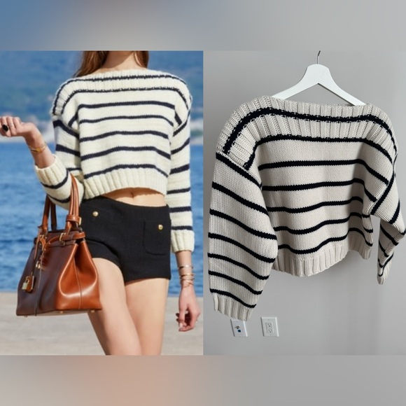 Celine Sweaters - Celine Black and White Striped Cropped Sweater